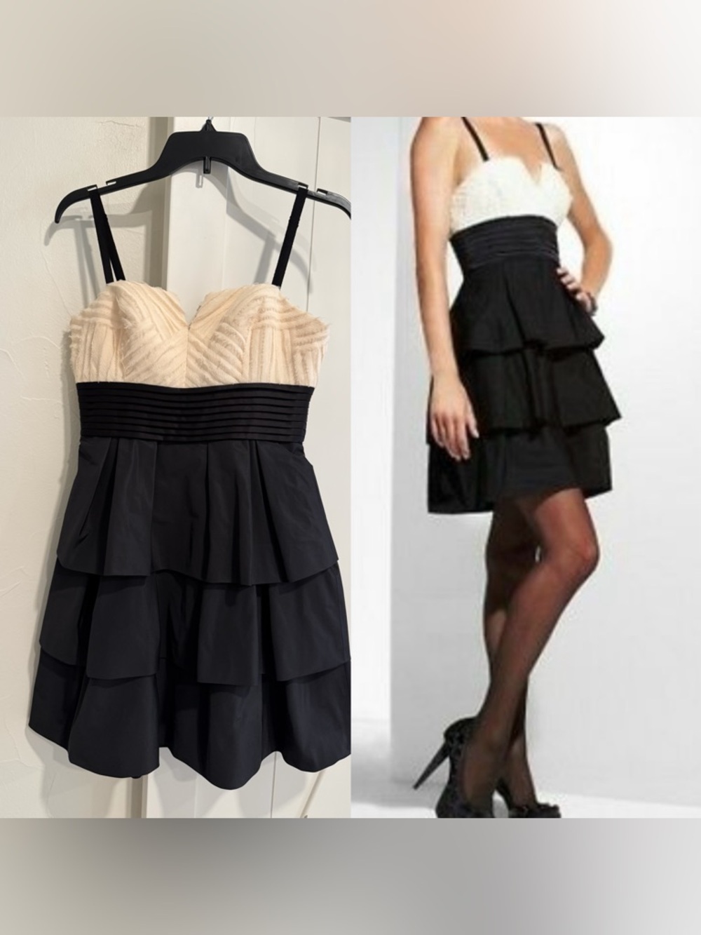 BCBGMaxAzria Black and Cream Ruffle Cocktail Dress Sz4